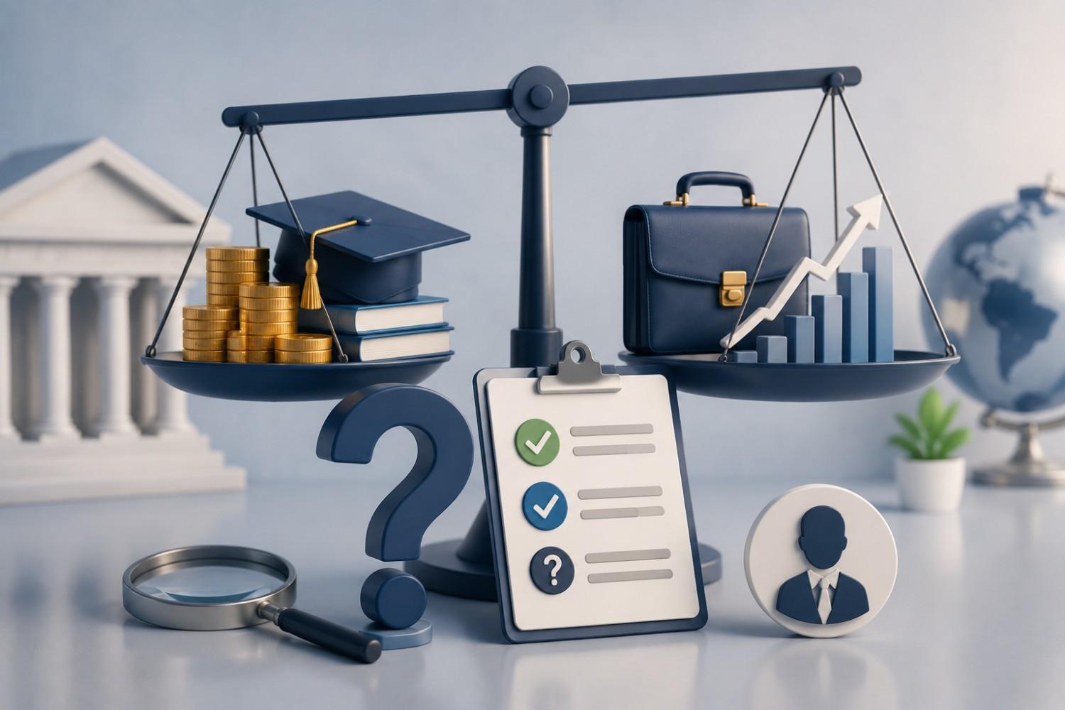 3D illustration representing whether EDHEC MSc Finance is worth it, with a balance scale, graduation cap, coins, career growth chart, briefcase and decision checklist.